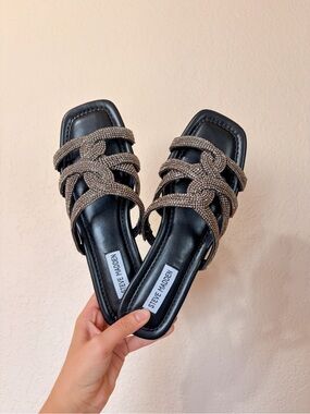 Steve Madden Black Slides with Bronze Crystal Straps